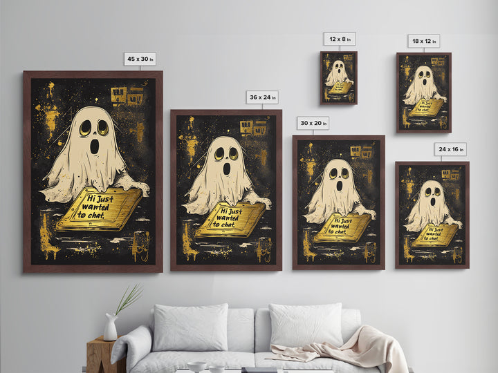 Spooky Ghost Greeting Metallic Gold Art, Gothic Metal Art Wall Décor with Natural Wood Frame for Halloween Haunted Home