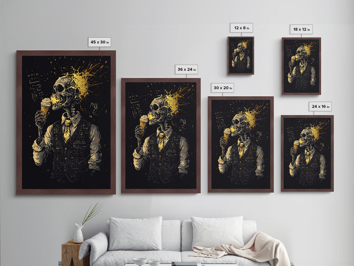 Skeleton with Ice Cream Metallic Gold Art, Creepy Metal Art Illustration Framed in Real Wood, Spooky Season Wall Décor