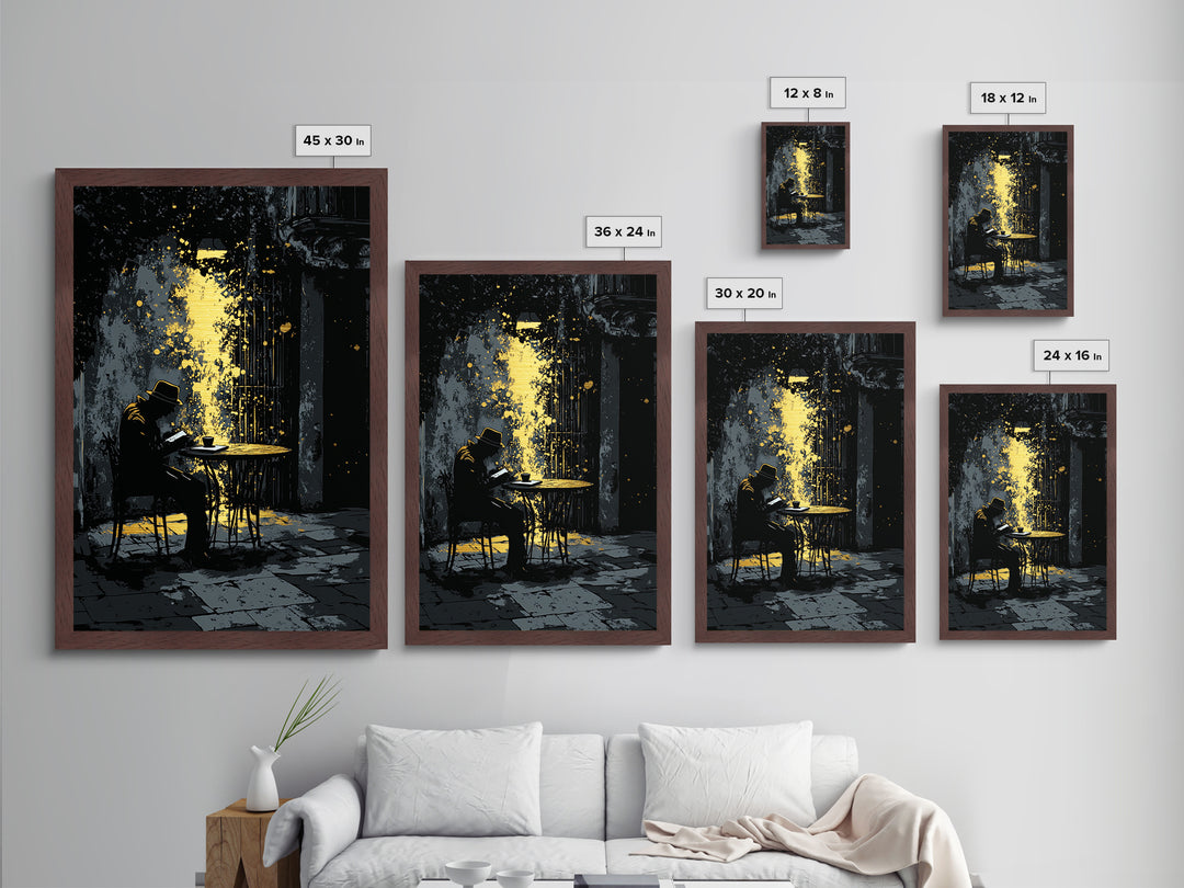 Mysterious Reader in Alley Metallic Gold Art, Spooky Metal Art Scene with Real Wood Framed Gothic Halloween Illustration