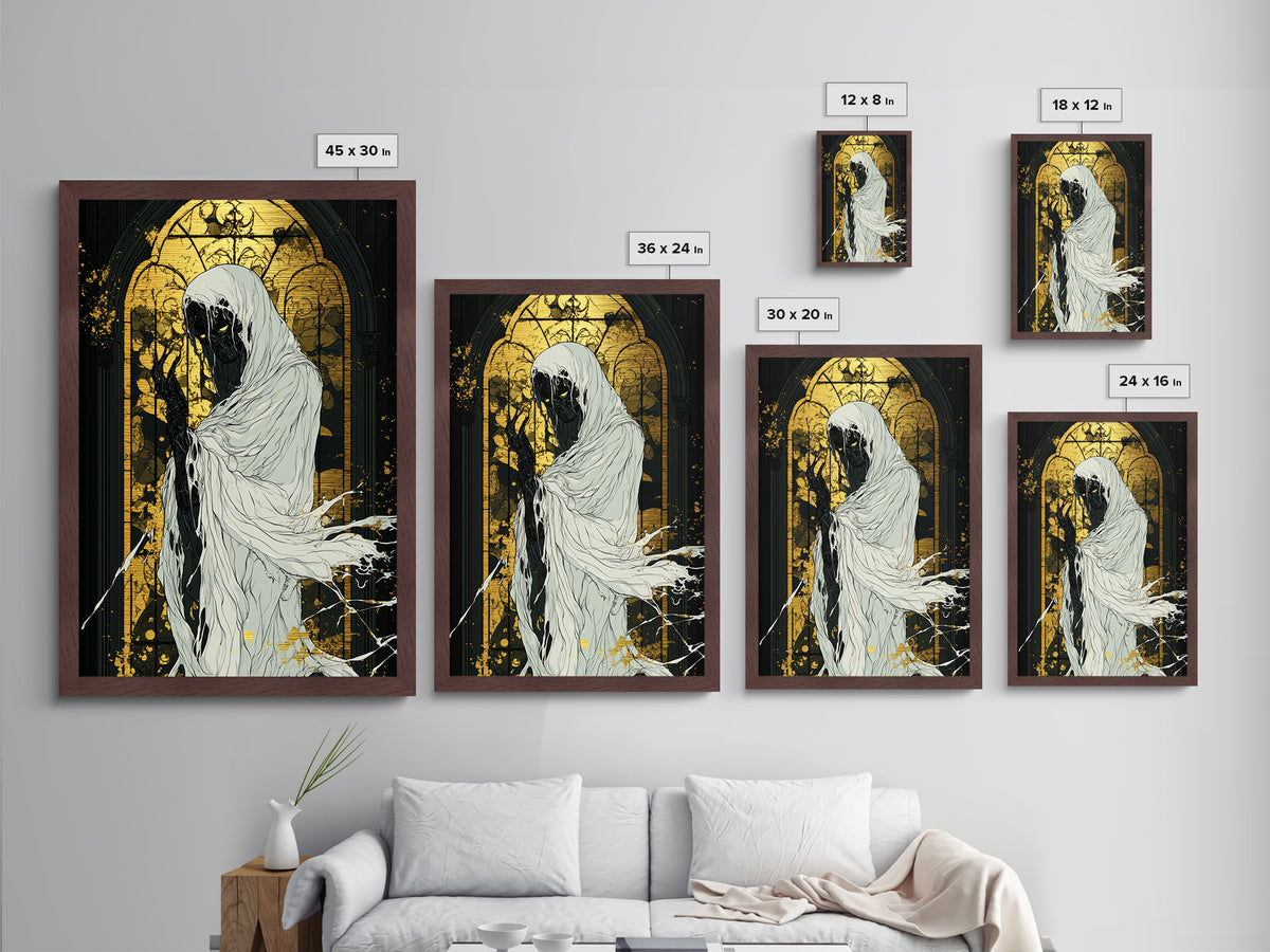 Dark Phantom in Chapel Metallic Gold Art, Gothic Horror Metal Art Print with Handcrafted Wood Frame, Spooky Season Wall