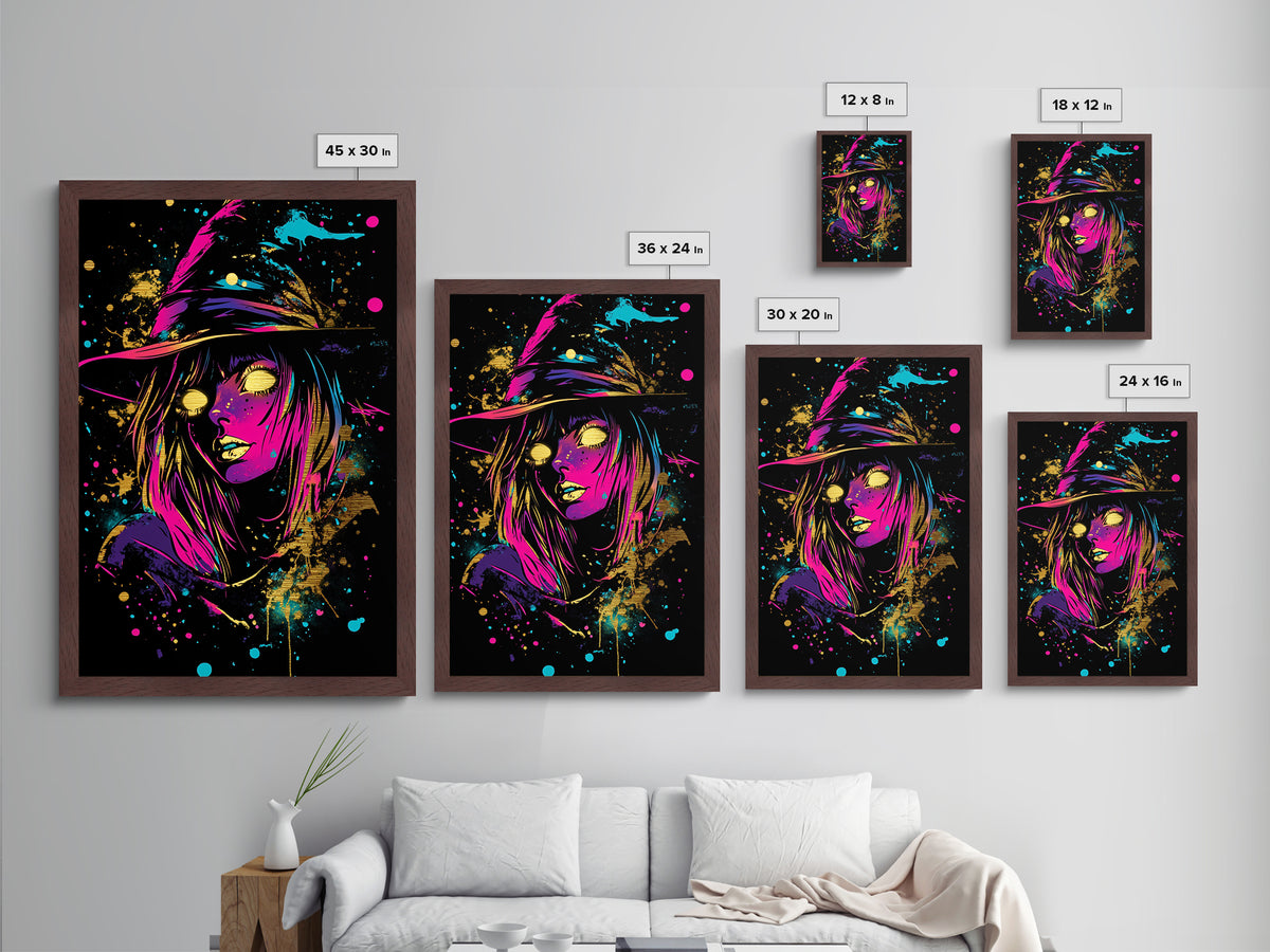 Neon Witch Metallic Gold Art | Vibrant Spooky Halloween Wall Art | Metal Art Glow Effect in Real Wood Frame