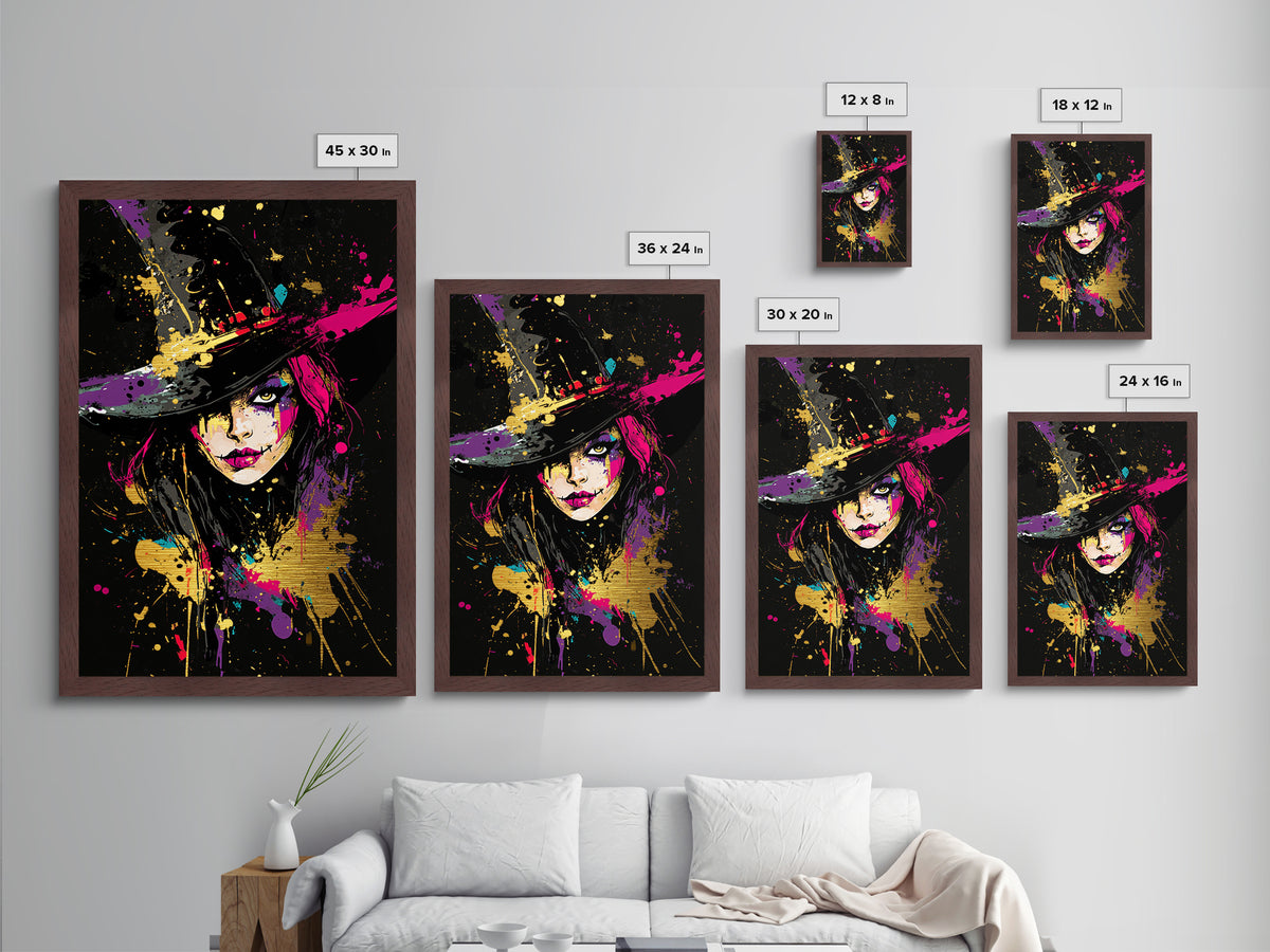 Creepy Witch Face Metallic Gold Art | Spooky Splatter Halloween Wall Decor | Metal Art in Real Wood Frame