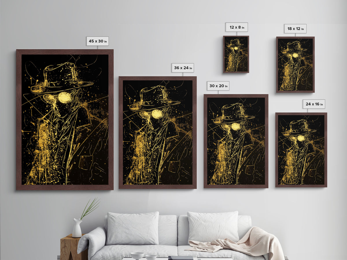 Creepy Gas Mask Gentleman Metallic Gold Art, Halloween Horror Metal Art With Natural Wood Frame, Gothic Spooky Wall Artwork