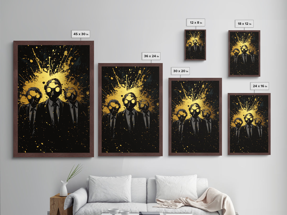 Sinister Trio In Gas Masks Metallic Gold Art, Horror Gothic Metal Art With Real Wood Frame, Creepy Halloween Spooky Wall Art
