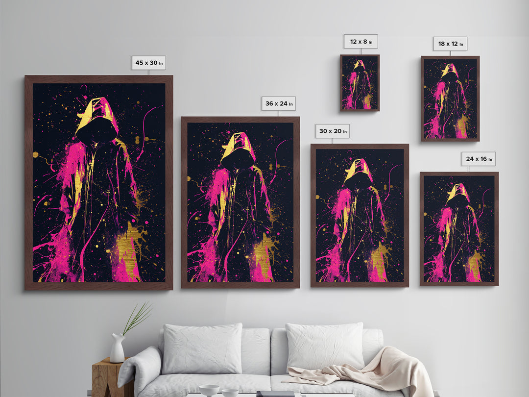 Neon Hooded Phantom Metallic Gold Art, Gothic Spooky Season Metal Art With Real Wood Frame, Haunted Halloween Wall Decoration