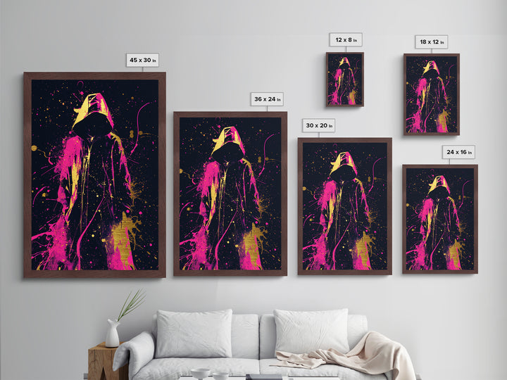 Neon Hooded Phantom Metallic Gold Art, Gothic Spooky Season Metal Art With Real Wood Frame, Haunted Halloween Wall Decoration