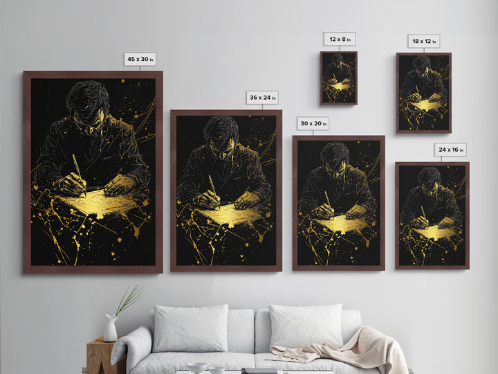 Haunted Writer At Desk Metallic Gold Art, Gothic Horror Halloween Metal Art In Real Wood Frame, Spooky Season Wall Decoration