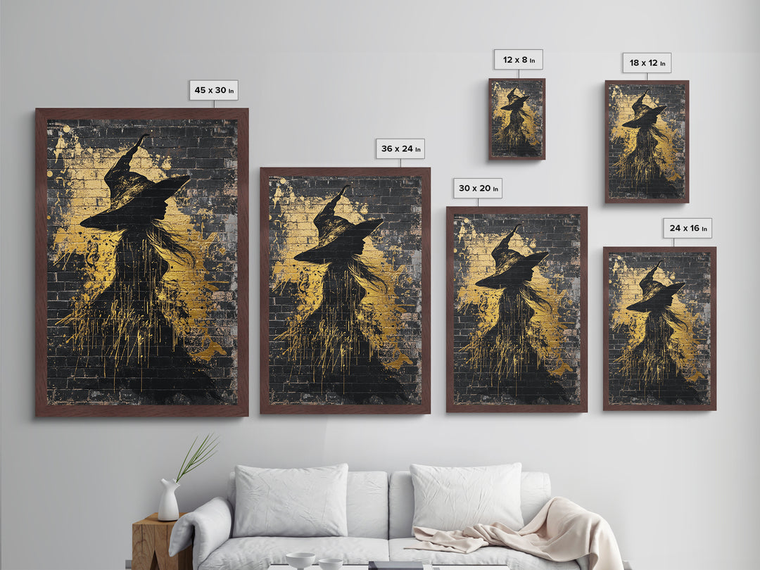 Witch Graffiti Metallic Gold Art | Spooky Halloween Street Style Wall Decor | Metal Art in Real Wood Frame