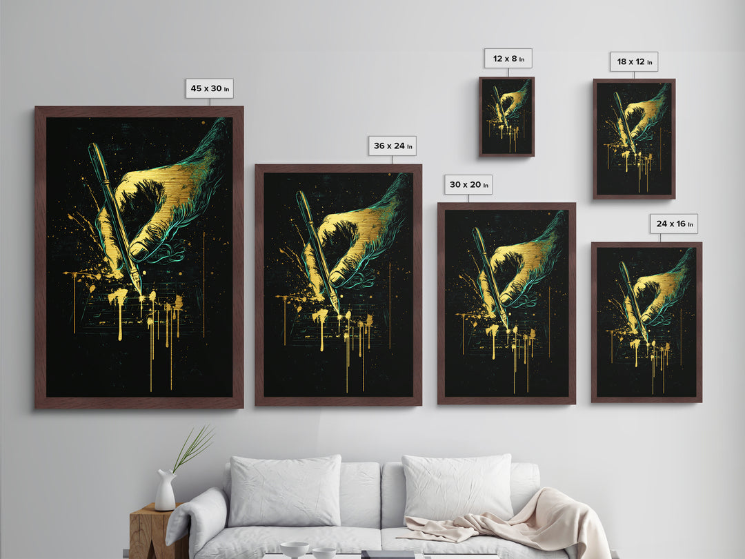 Creepy Hand With Pen Metallic Gold Art, Horror Gothic Halloween Metal Art With Natural Wood Framing, Spooky Haunted Wall Decor