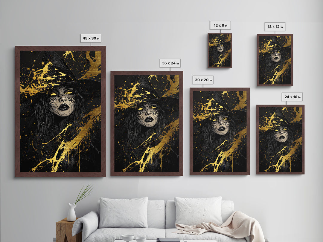 Dark Sorceress Metallic Gold Art, Witchy Halloween Metal Art with Gothic Vibes, Framed in Real Wood