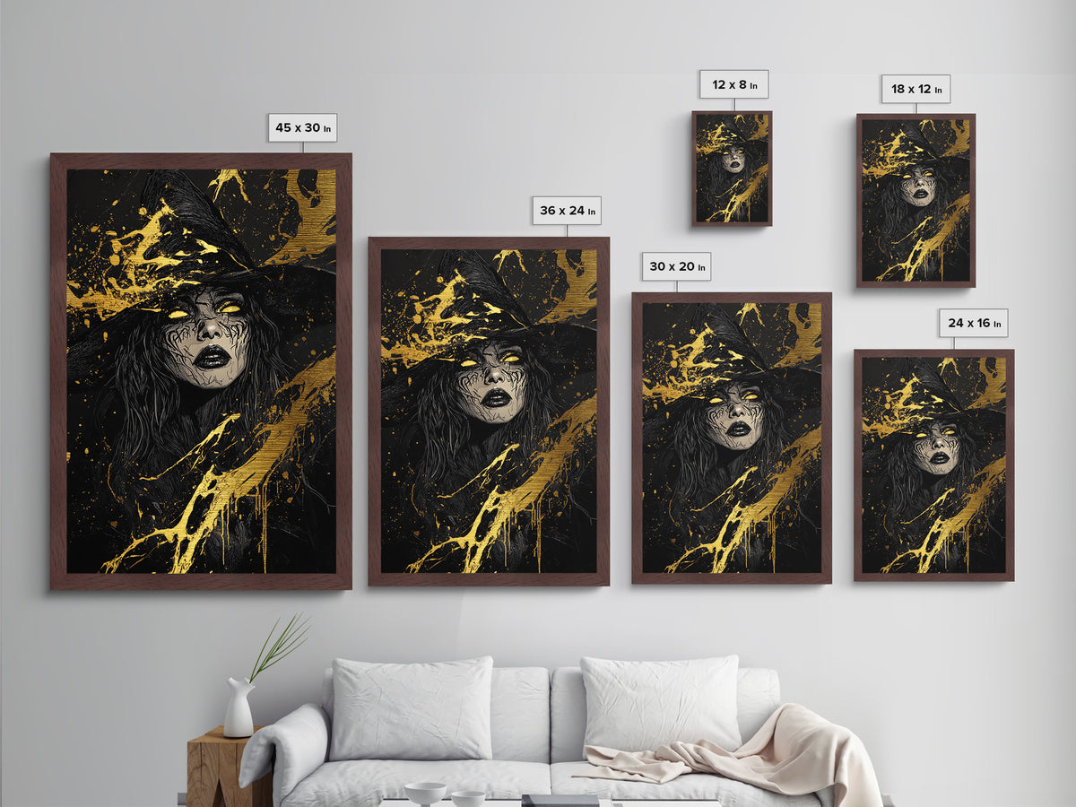 Dark Sorceress Metallic Gold Art, Witchy Halloween Metal Art with Gothic Vibes, Framed in Real Wood