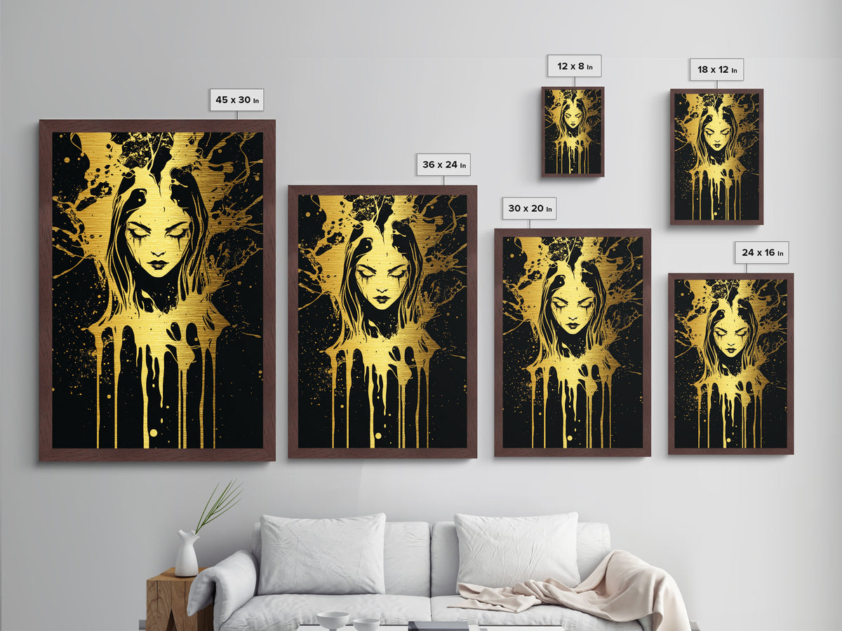 Dripping Phantom Metallic Gold Art, Spooky Season Creepy Horror Portrait, Metal Art with Real Wood Frame
