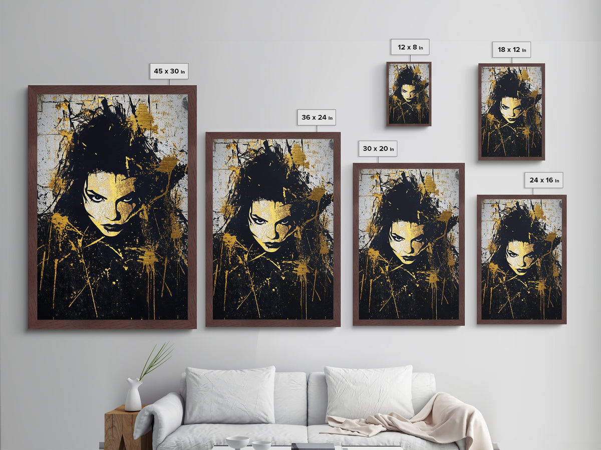 Haunted Graffiti Face Metallic Gold Art, Gothic Halloween Wall Decor, Horror Metal Art Portrait in Natural Wood Frame