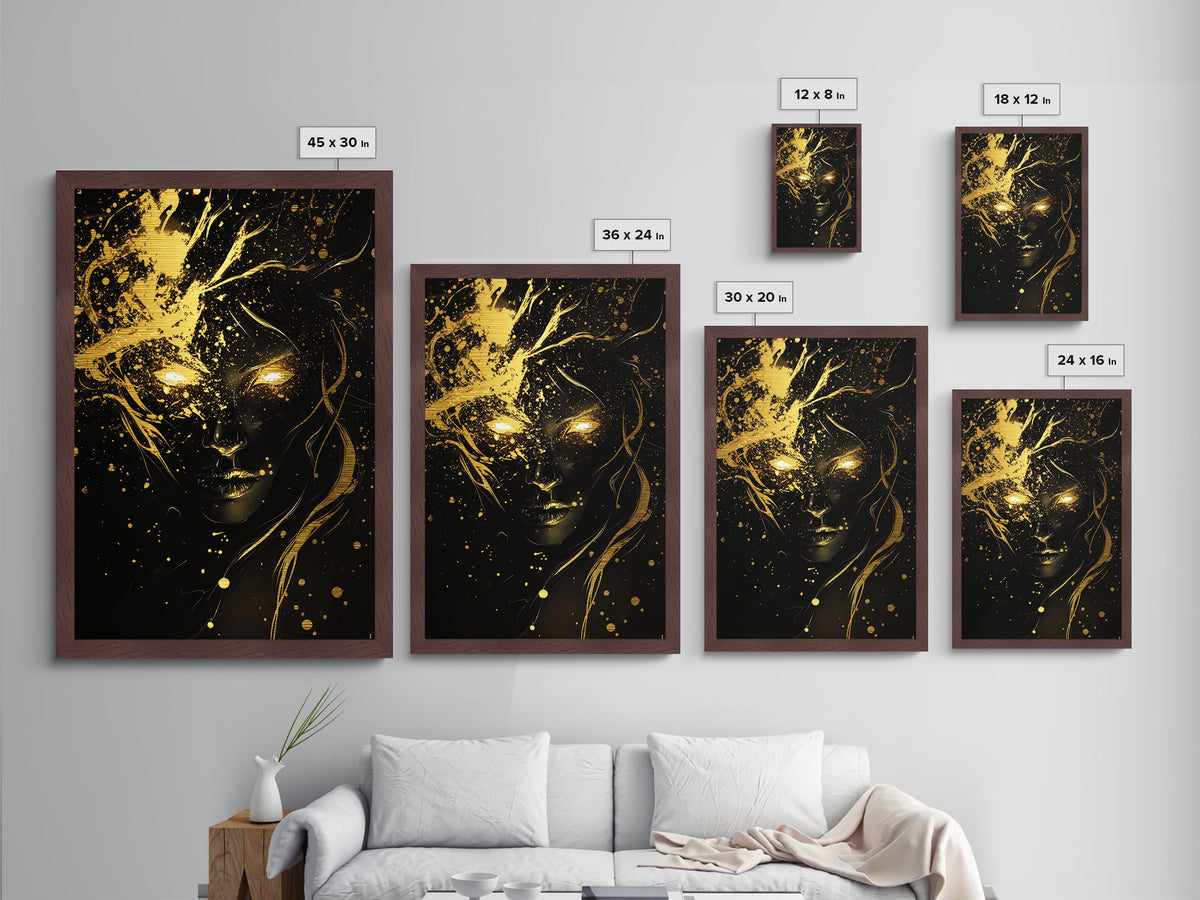 Glowing Eyes Metallic Gold Art, Spooky Season Witchy Horror Portrait, Gothic Metal Art in Real Wood Frame