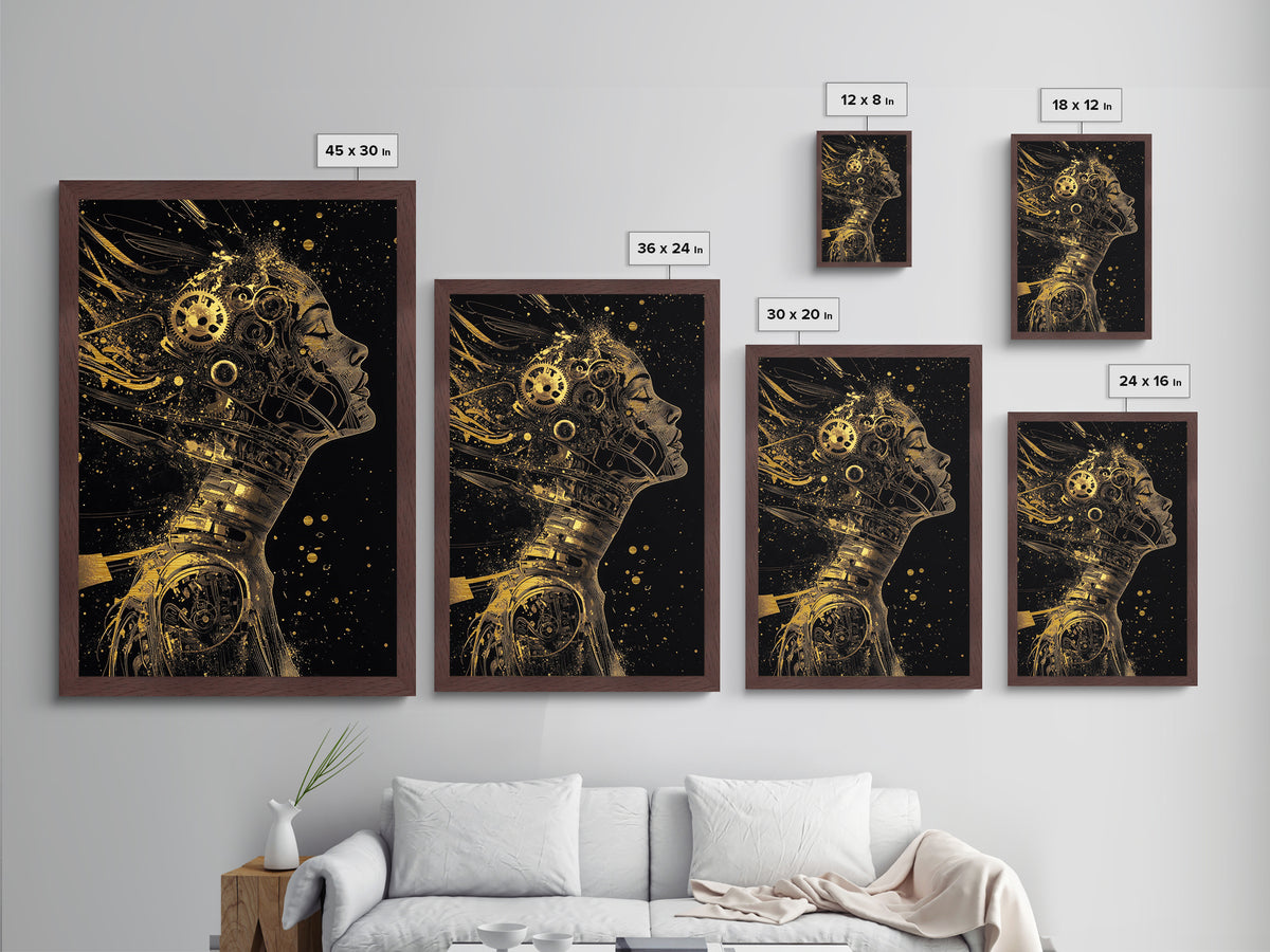 Metallic Gold Art Cyberpunk Automaton Portrait | Gothic Halloween Metal Art Wall Decor | Framed in Real Natural Wood