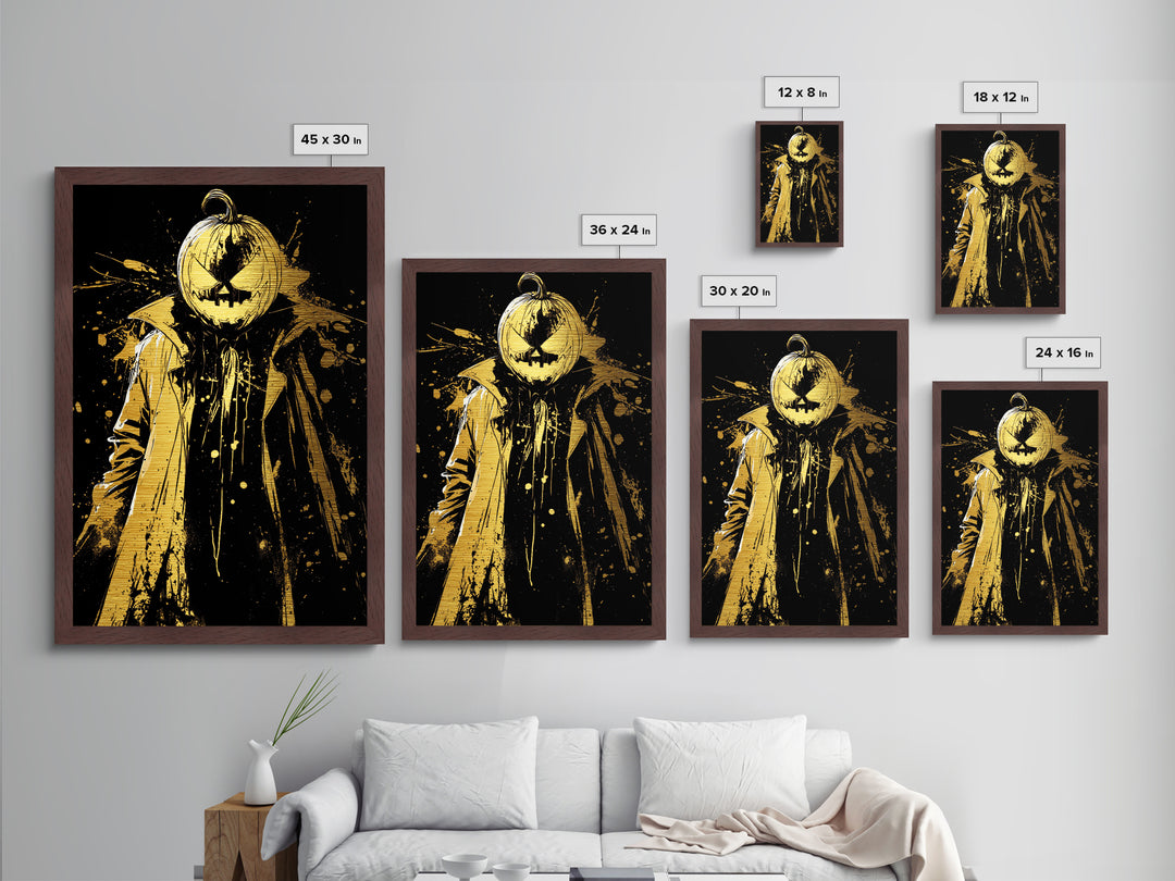 Metallic Gold Art Jack O Lantern Villain | Horror Halloween Metal Art Home Wall Decor | Real Wood Frame Gothic Display