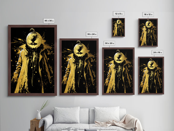 Metallic Gold Art Jack O Lantern Villain | Horror Halloween Metal Art Home Wall Decor | Real Wood Frame Gothic Display