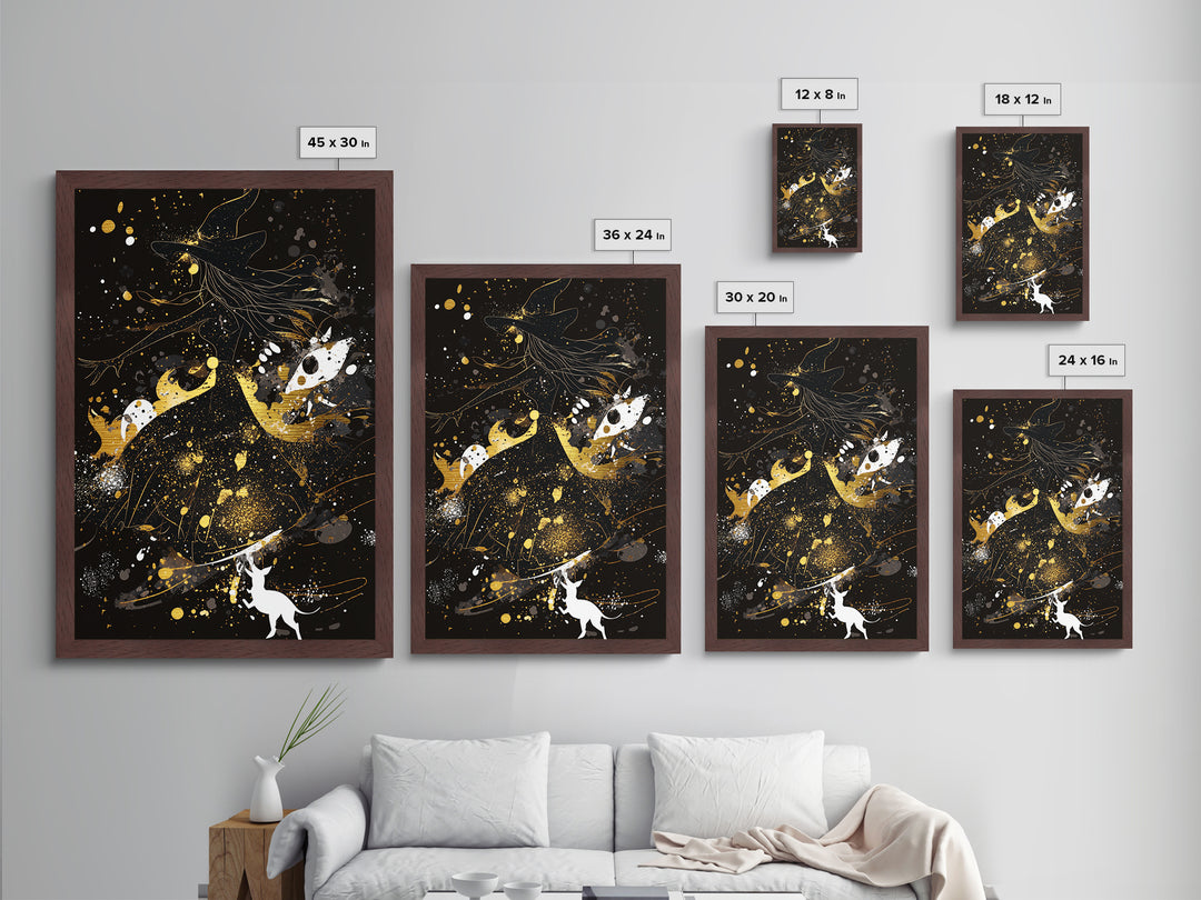 Witchy Woman Metallic Gold Art Silhouette | Spooky Season Halloween Metal Art Print | Natural Wood Framed Wall Hanging