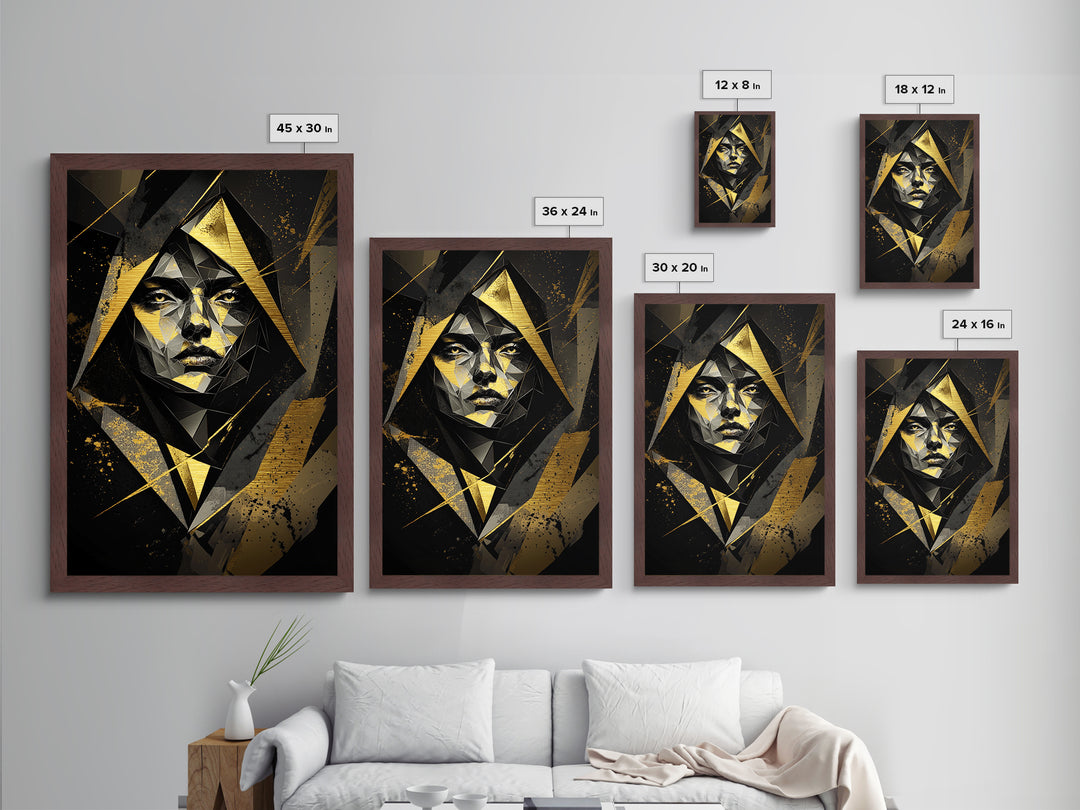 Geometric Gothic Portrait, Halloween Inspired Metallic Gold Art, Unique Metal Art Print In A Handcrafted Wooden Frame