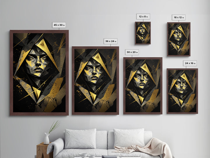 Geometric Gothic Portrait, Halloween Inspired Metallic Gold Art, Unique Metal Art Print In A Handcrafted Wooden Frame