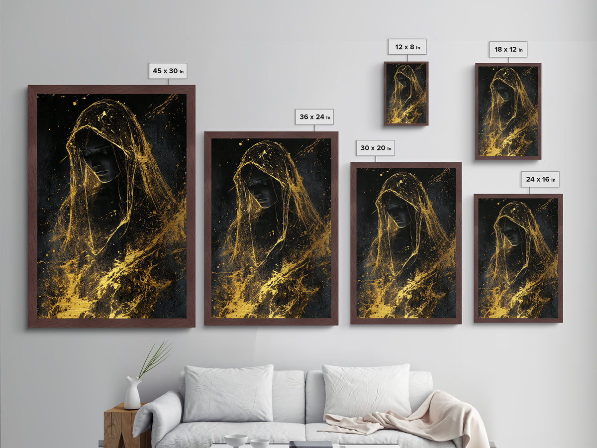Golden Veil Haunted Figure, Metallic Gold Art Gothic Metal Art For Spooky Halloween Wall Décor, Framed In Real Wood