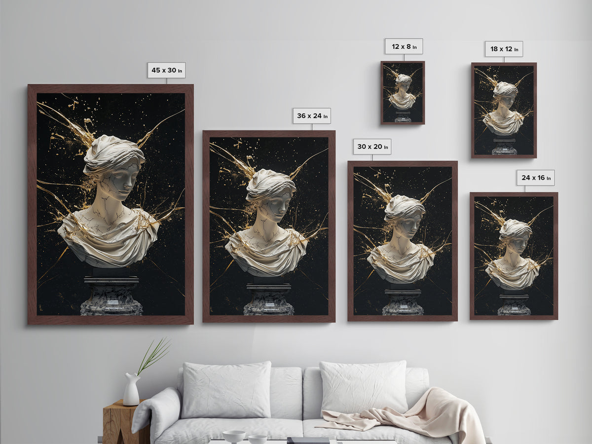 Classical Marble Witch Goddess Bust – Metallic Gold Art, Halloween Metal Art Print in Real Wood Frame, Elegant Spooky Decor