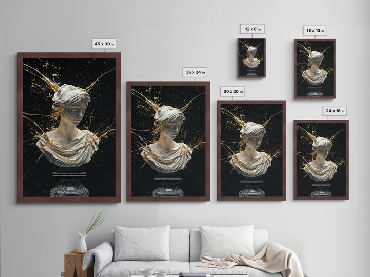 Classical Marble Witch Goddess Bust – Metallic Gold Art, Halloween Metal Art Print in Real Wood Frame, Elegant Spooky Decor