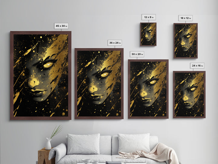 Haunted Face Metallic Gold Art | Spooky Halloween Witch Portrait Wall Decor | Metal Art in Real Wood Frame