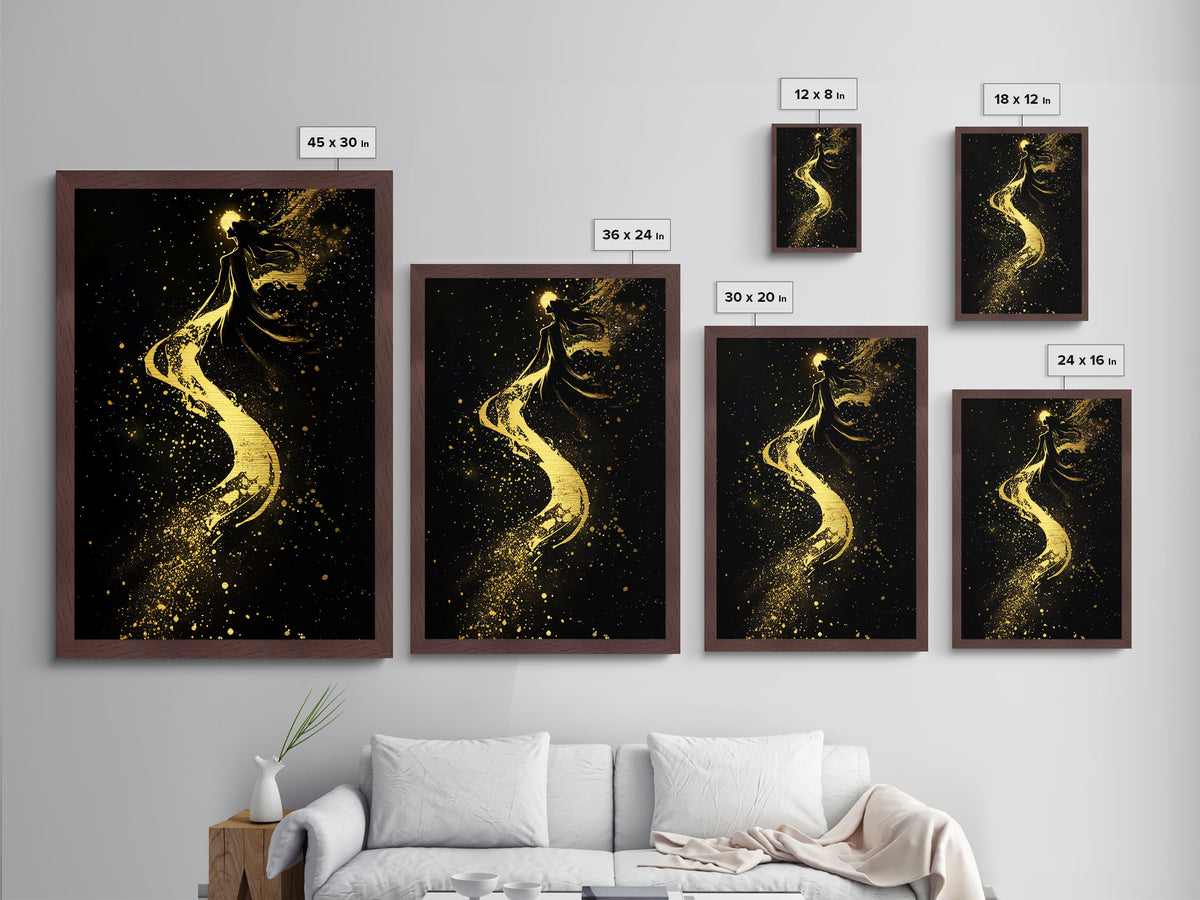 Celestial Witch Ascending, Halloween Metallic Gold Art, Spooky Gothic Metal Art Framed In Elegant Handcrafted Wooden Frame