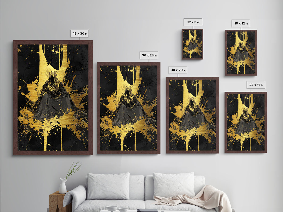 Dark Occult Throne Metallic Gold Art Metal Art Halloween Gothic Horror Wall Art Framed In Real Wood Spooky Season Decor