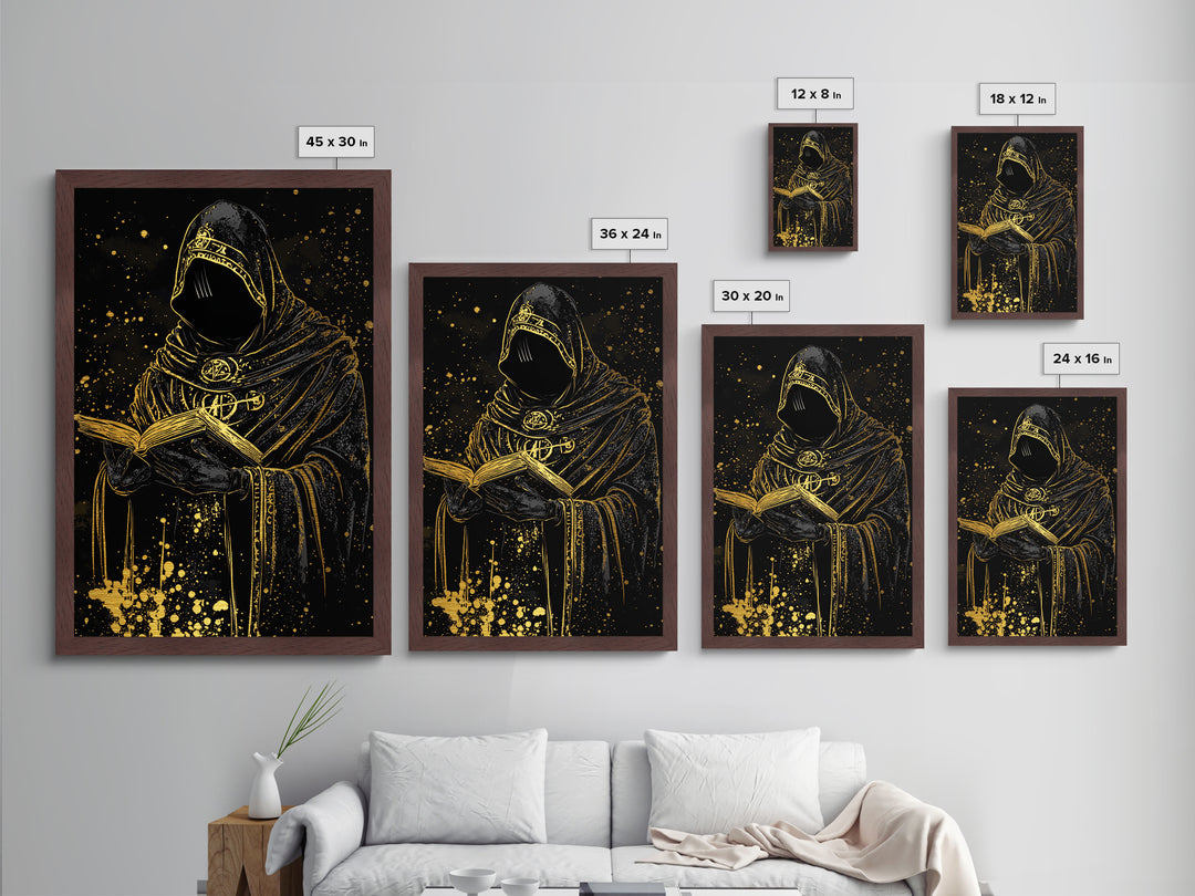 Creepy Occult Priest Metallic Gold Art Metal Art Halloween Gothic Horror Wall Hanging With Natural Wood Frame Spooky Decor