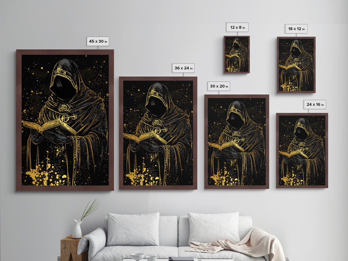 Creepy Occult Priest Metallic Gold Art Metal Art Halloween Gothic Horror Wall Hanging With Natural Wood Frame Spooky Decor
