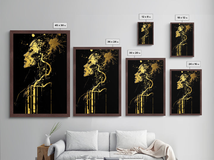 Cyberpunk Witch Metallic Gold Art Metal Art Gothic Halloween Portrait Spooky Futuristic Decor In Natural Wood Frame