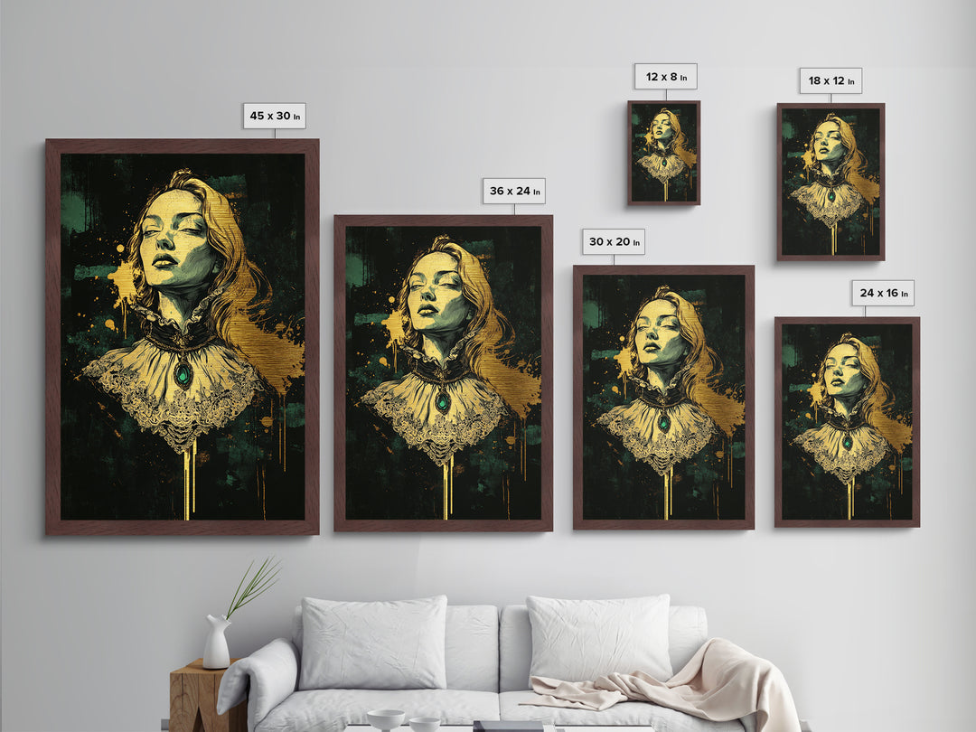 Gothic Victorian Woman Portrait Metallic Gold Art Metal Art Halloween Wall Decor Spooky Dark Academia Style in Real Wood Frame