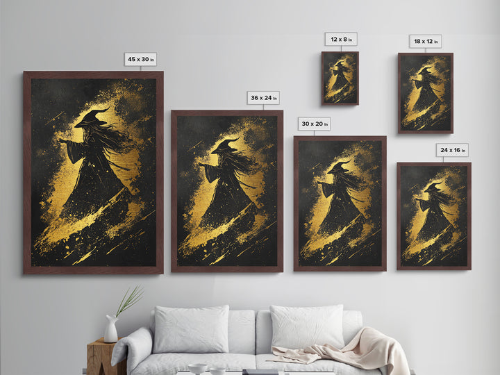 Witch Silhouette Metallic Gold Art Metal Art | Gothic Halloween Wall Decor Framed in Real Wood | Haunted Witchy Spooky Print