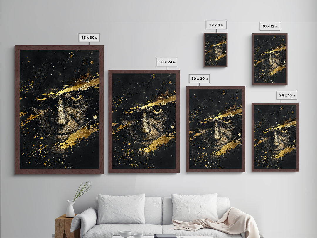 Dark Sorcerer Metallic Gold Art Metal Art | Haunted Gothic Portrait Halloween Wall Decor with Real Wood Frame | Spooky Print