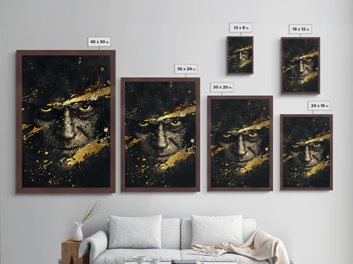 Dark Sorcerer Metallic Gold Art Metal Art | Haunted Gothic Portrait Halloween Wall Decor with Real Wood Frame | Spooky Print