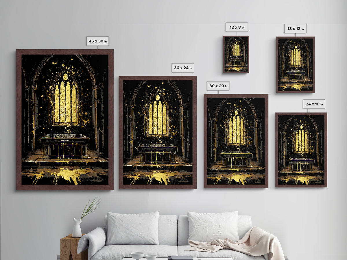 Haunted Cathedral DJ Booth Metallic Gold Art Metal Art Gothic Halloween Wall Decor Spooky Music Party Scene in Real Wood Frame