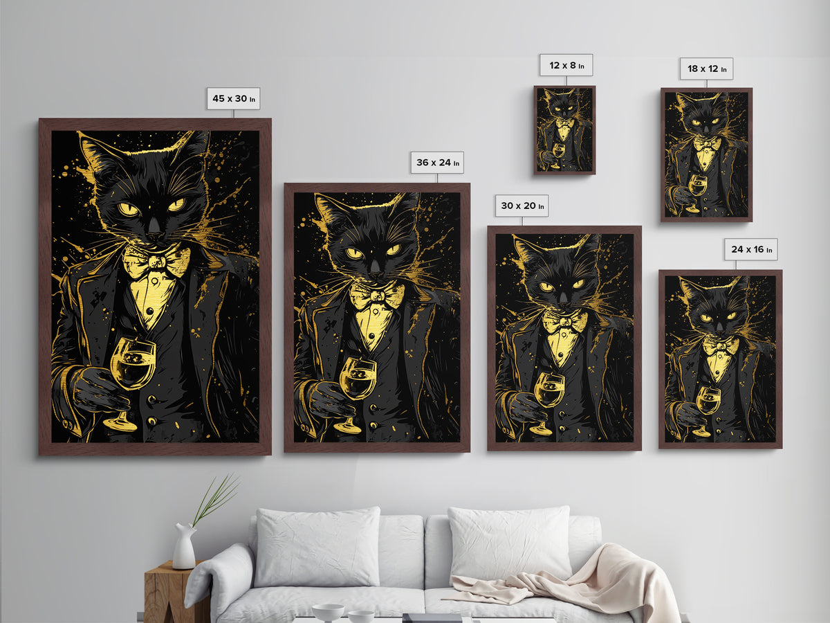 Dapper Cat Portrait Metallic Gold Art Metal Art | Creepy Halloween Gothic Wall Art with Real Wood Frame | Haunted Spooky Decor