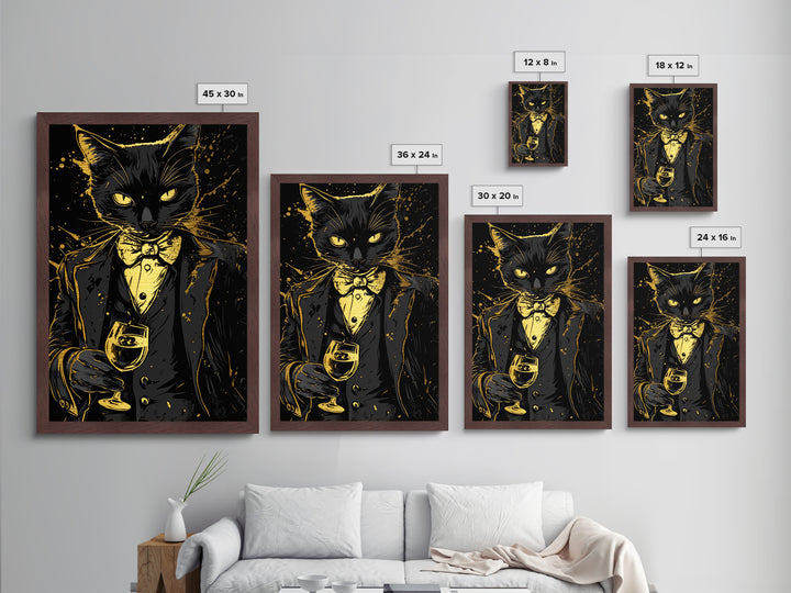 Dapper Cat Portrait Metallic Gold Art Metal Art | Creepy Halloween Gothic Wall Art with Real Wood Frame | Haunted Spooky Decor