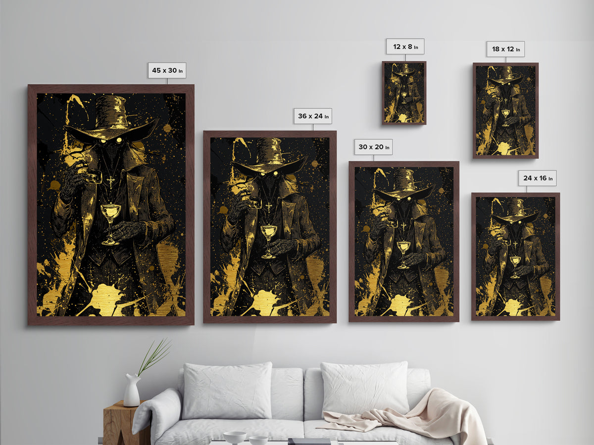 Witchy Plague Doctor Metallic Gold Art Metal Art Gothic Horror Halloween Print With Natural Wood Frame For Spooky Season