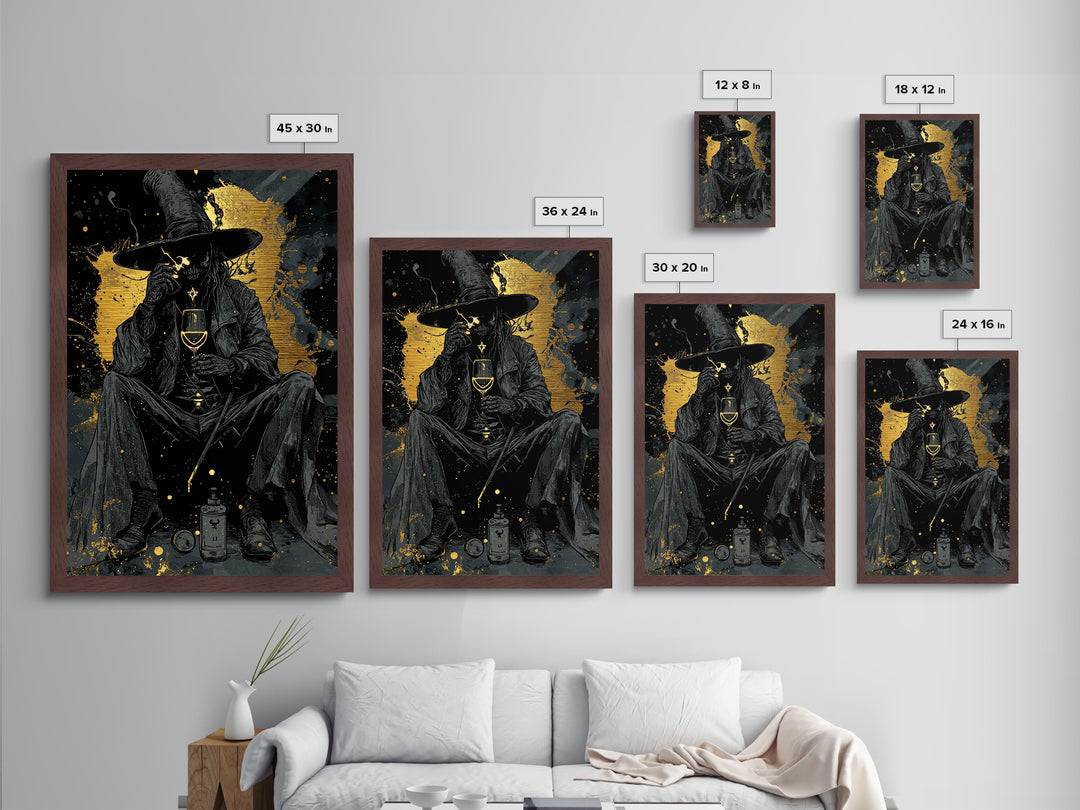 Creepy Gothic Sorcerer Metallic Gold Art Metal Art Spooky Halloween Wall Hanging In Real Wood Frame Witchcraft Inspired