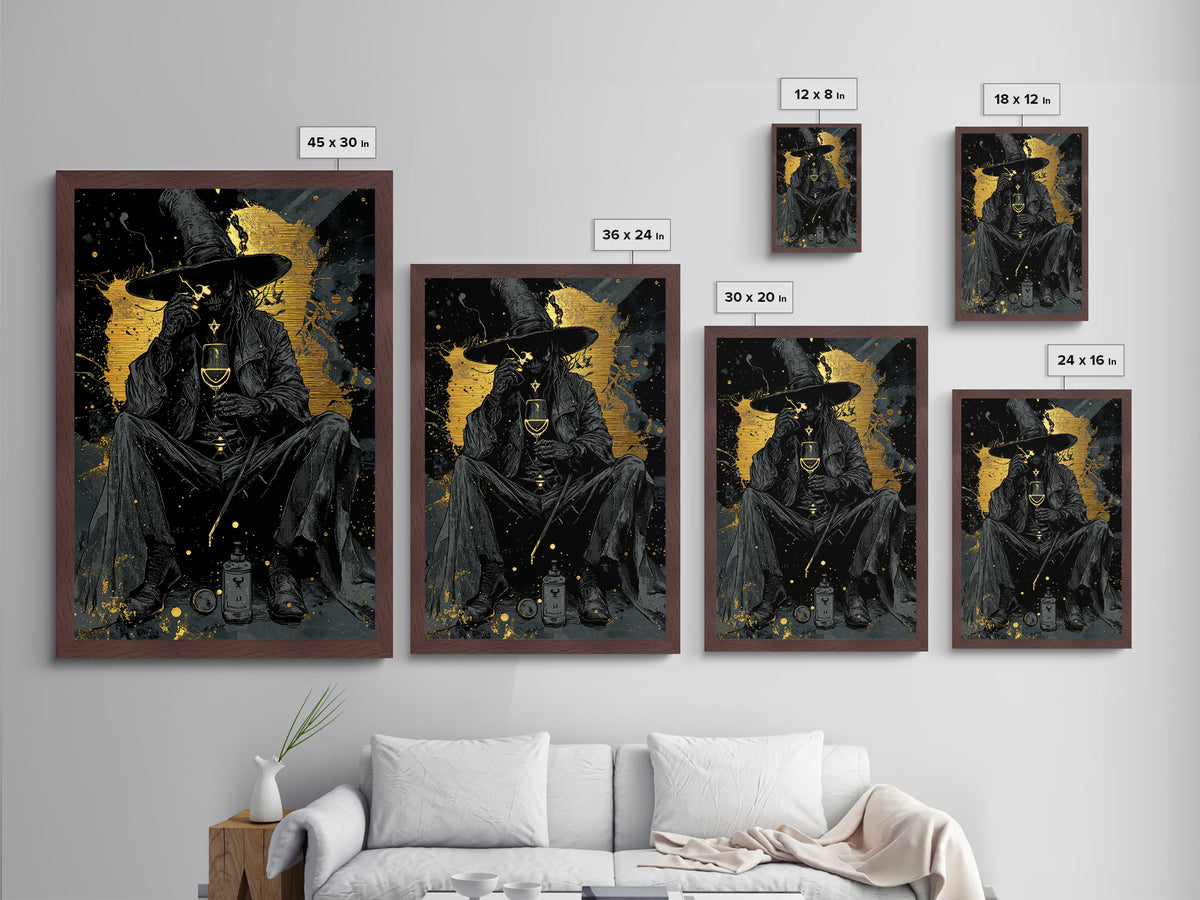 Creepy Gothic Sorcerer Metallic Gold Art Metal Art Spooky Halloween Wall Hanging In Real Wood Frame Witchcraft Inspired