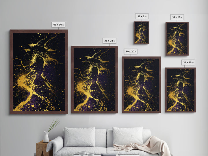 Mystical Witch Silhouette Metallic Gold Art Metal Art Spooky Season Halloween Decor With Framing In Natural Real Wood