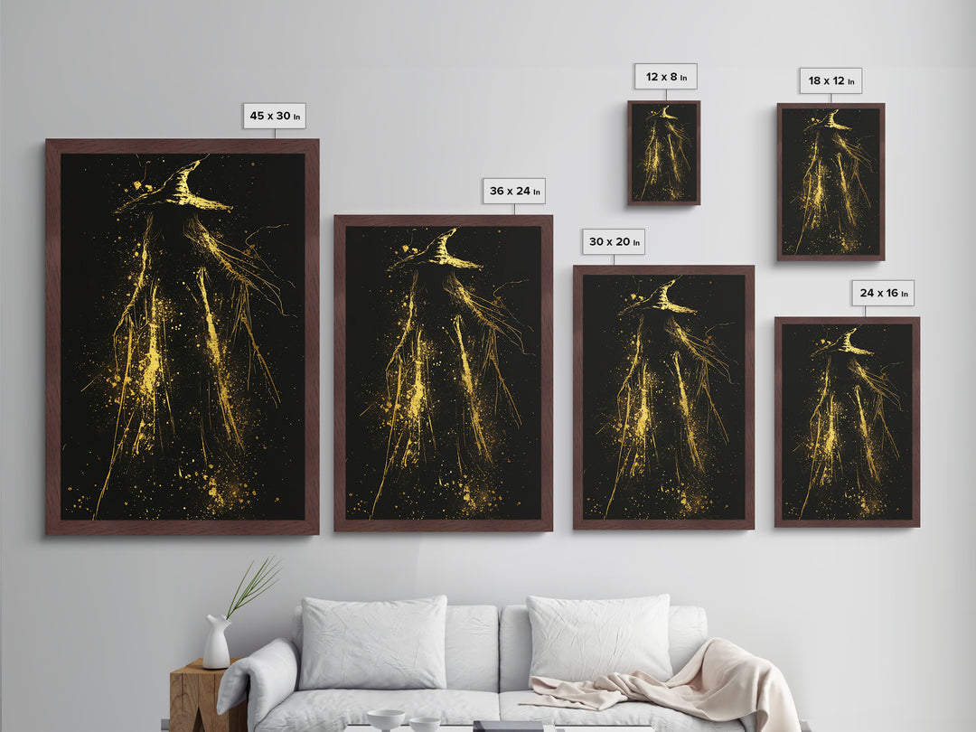 Dark Shadowy Sorcerer Metallic Gold Art Metal Art Haunted Gothic Halloween Wall Print With Real Wood Framed Presentation