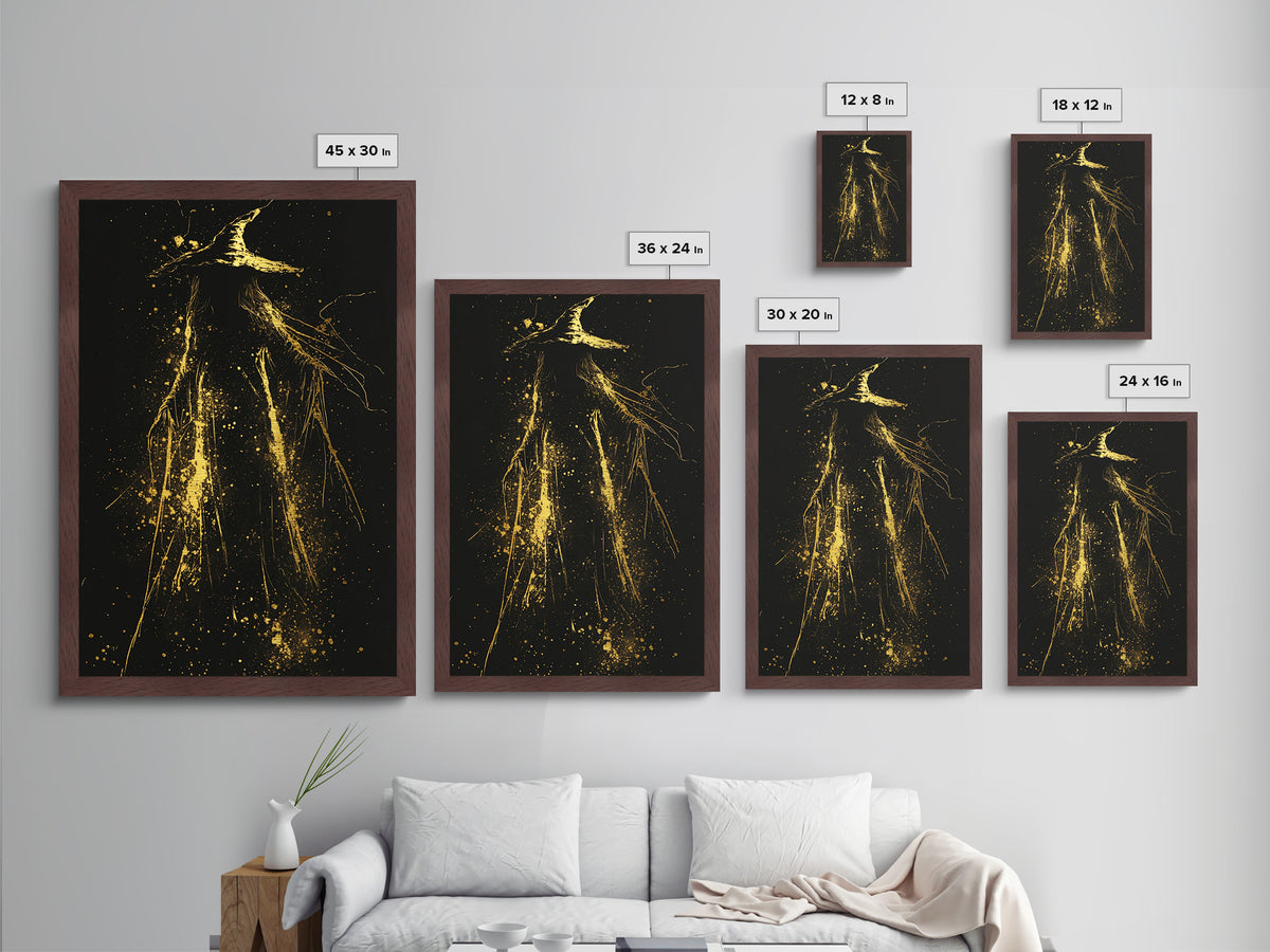 Dark Shadowy Sorcerer Metallic Gold Art Metal Art Haunted Gothic Halloween Wall Print With Real Wood Framed Presentation