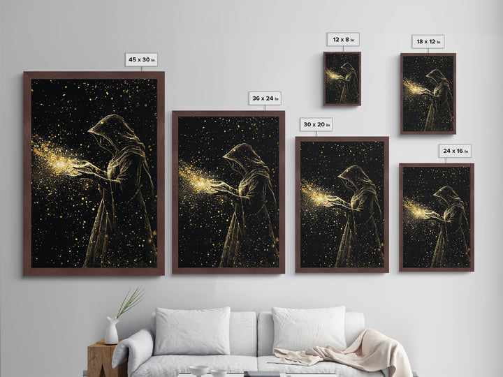 Enchanted Hooded Figure Metallic Gold Art Metal Art Halloween Spooky Wall Art Framed In Natural Wood For Gothic Home