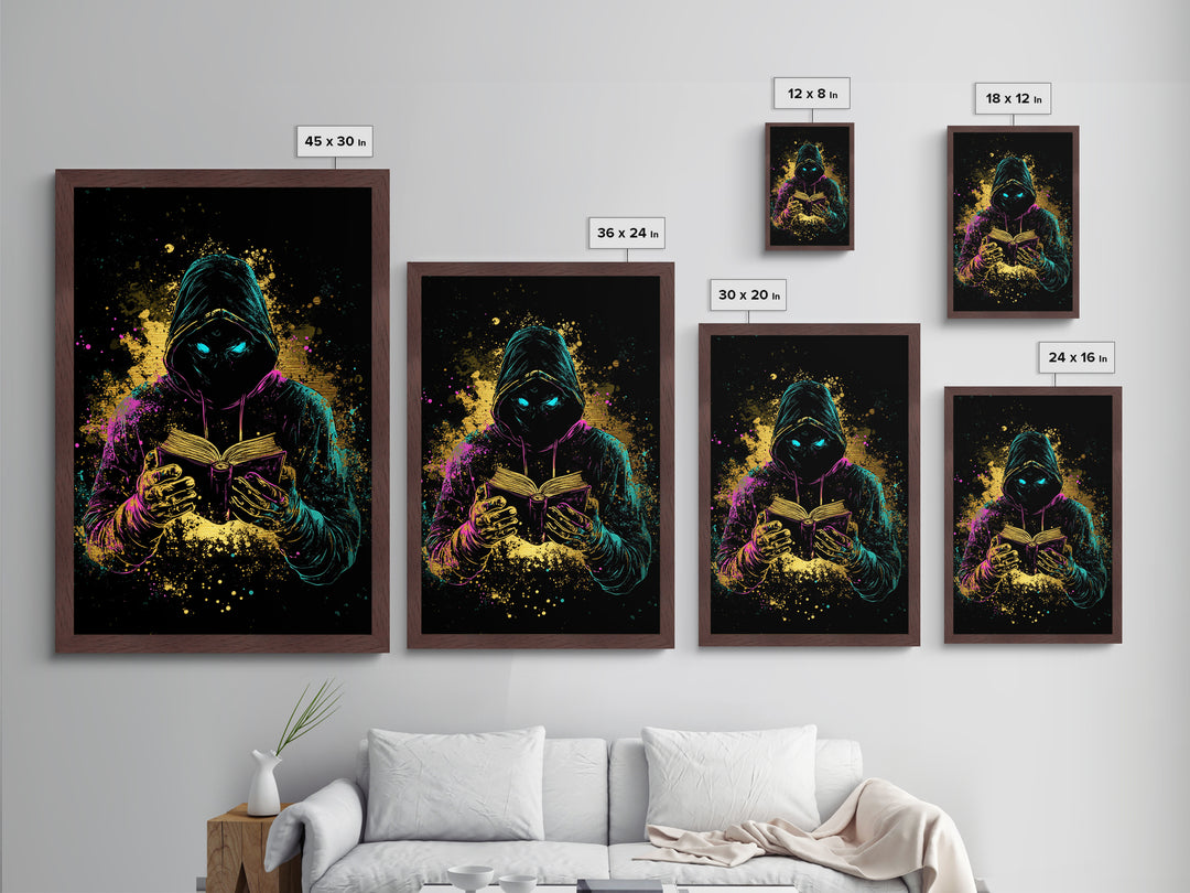 Occult Hooded Reader Metallic Gold Art Metal Art Spooky Season Halloween Print With Real Wood Frame Witchcraft Inspired
