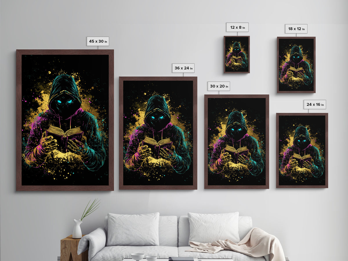 Occult Hooded Reader Metallic Gold Art Metal Art Spooky Season Halloween Print With Real Wood Frame Witchcraft Inspired