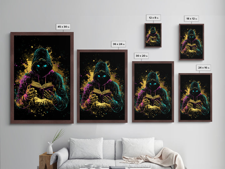 Occult Hooded Reader Metallic Gold Art Metal Art Spooky Season Halloween Print With Real Wood Frame Witchcraft Inspired